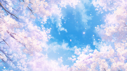 桜の花びらが空を覆う春の絶景。夢の中にいるような優美な構図で、自然の美しさと季節感を引き立てる背景素材。