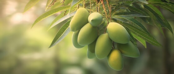 The Mangoes Hanging on a Tropical Tree Branch Bathed in Soft Morning Light