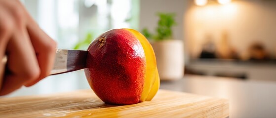 The Mango Being Sliced on a Wooden Cutting Board in a Modern Kitchen