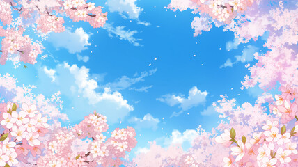 満開の桜が空を彩る春の風景。ふんわりとした光と桜の花びらが、幻想的で優しい印象を与える自然イメージ素材。