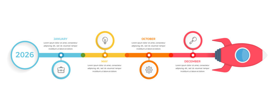 Timeline infographic template with four stages and rocket illustration
