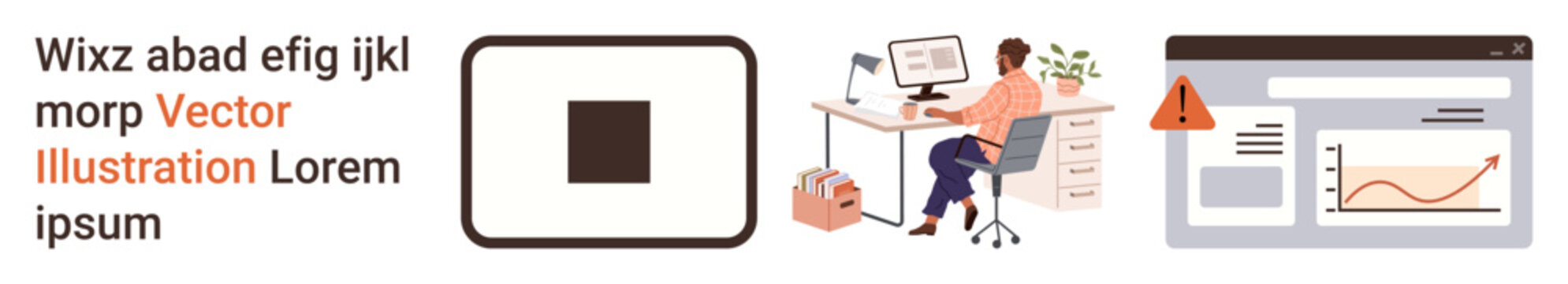 Business workflow, cybersecurity, data analysis, workplace tools, information security, technology. A person working on a computer with warning icons and data graphs. Workplace tools