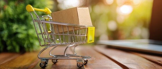 The shopping cart holding a cardboard box on a wooden table with sunlight