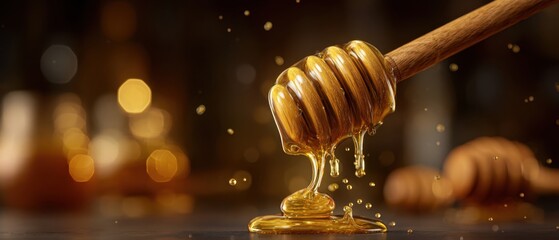 The Honey Dipper Drizzling Golden Honey Over a Reflective Surface