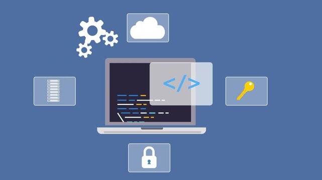 Flat illustration of a laptop displaying source code with system, cloud, and security icons, representing software development, configuration, data protection, and digital infrastructure workflow.

