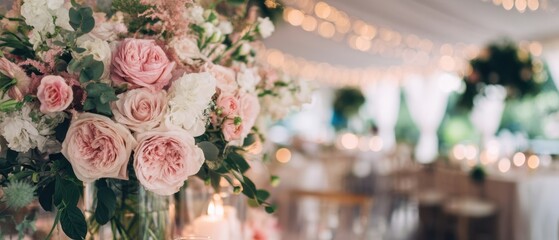 The Bouquet of Pink Roses and White Flowers at Elegant Wedding Reception