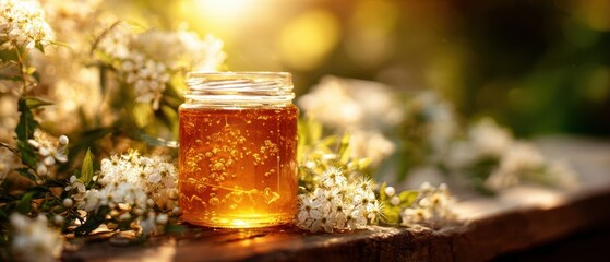 The Honey Jar Glowing on Rustic Wood Among White Blossoms in Sunlight