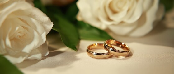 The Wedding Rings Resting on Soft Fabric Beside White Roses and Green Leaves