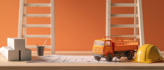The Toy Truck on Construction Blueprint with Hard Hat and Building Materials