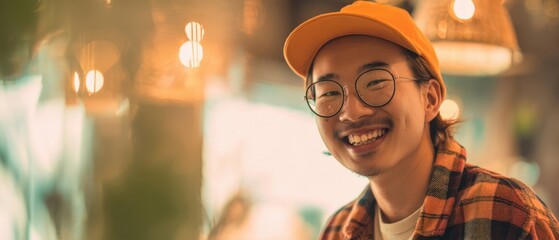 The smiling person in a cozy cafe with warm bokeh lights and casual style