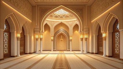 Majestic islamic architecture with intricate patterns and grand arches in large hall