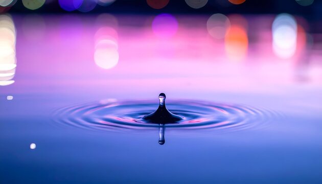 Water drop impact creates ripples, vibrant bokeh background colors shine