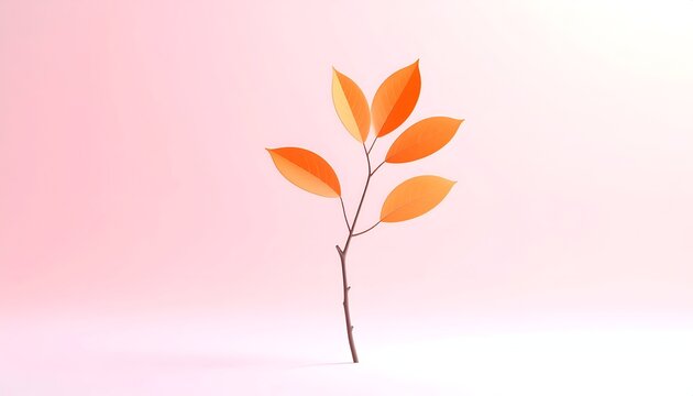 Orange leaves on slender branch, studio lit with soft pink gradient backdrop