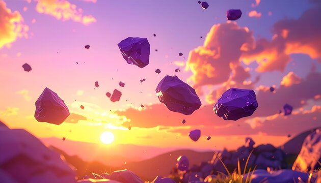 Falling rocks & boulders over a scenic landscape at sunset. Peaceful & dreamy