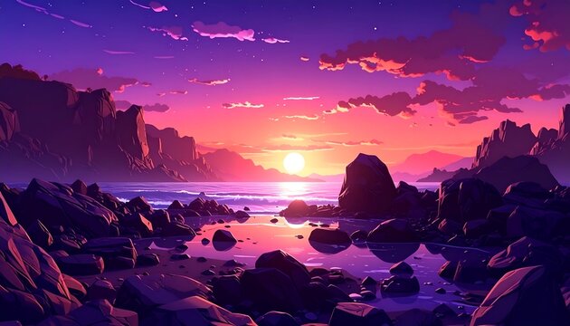 Vibrant sunset over calm ocean, rocky shore