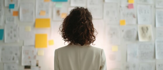 The person studying a wall of sketches and sticky notes in a creative workspace