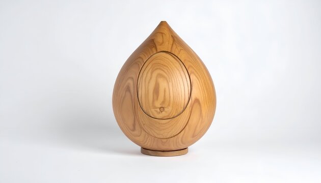 Teardrop-shaped, natural wood sculpture with a small, oval door, simple backdrop