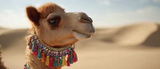 The camel adorned with colorful tassels gazes serenely across sunlit desert sand dunes