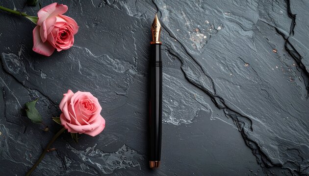 Elegant black fountain pen with two pink roses on a textured gray stone