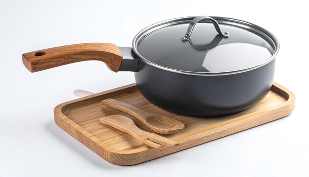 Black pot with wood handle/tray/utensils