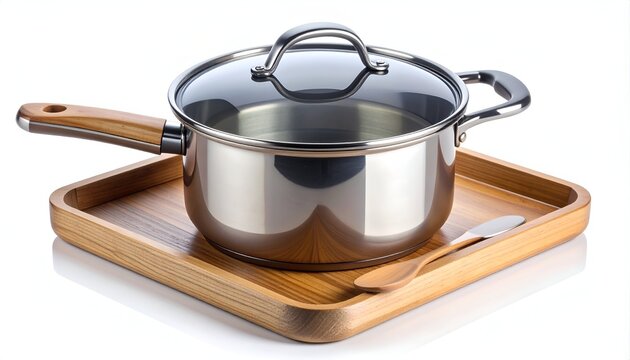 Pot with glass lid on wooden tray, a spoon beside it on a white background