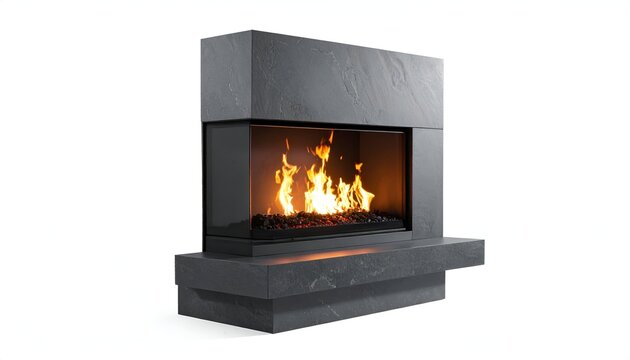 Modern gas fireplace with black stone surround, flames visible, white background