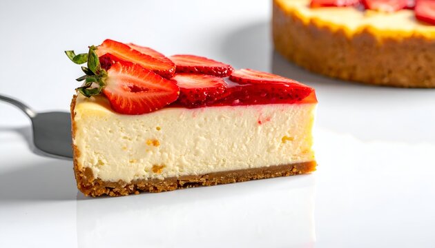 Slice of strawberry cheesecake with crust on a server, full cake blurred back