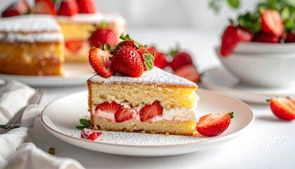 Strawberry sponge cake slice on a white plate, powdered sugar sprinkled