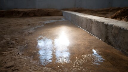 Obraz premium Wet sand and concrete edge with bright sunlight reflection at a construction foundation