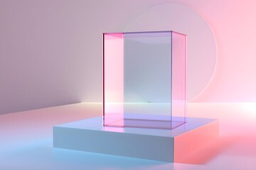 Clear glass transparent box on white podium for product display. 3D mock up for cosmetic or jewelry advertising. Minimalist modern geometric showcase.