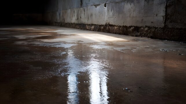 A wet concrete floor in a dimly lit foundation with reflective puddles of water