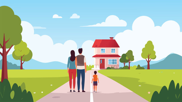 Family watching new house with nature