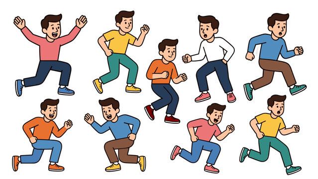 Funny runner vector mascot collection featuring a man in colorful shirts running, jogging, and posing happily for marathon and fitness concepts.