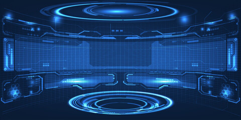 Vector illustrations of futuristic glowing blue stage layout for showcase with circuit lines and hexagon geometry and hi tech pedestal for product showcase and game artwork. © Alleachday