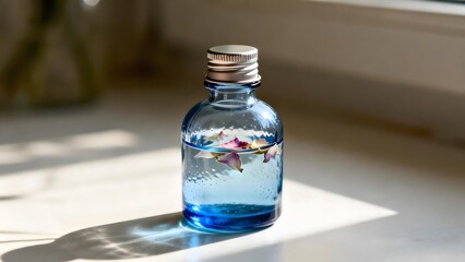 BlueGlassBottleWithPetalsInSunlight
