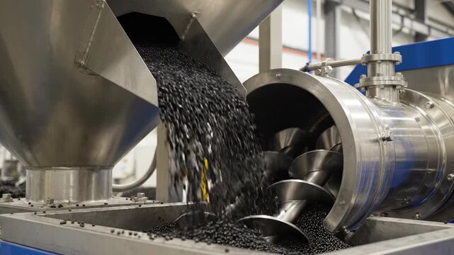 Seamless loop of dark granular input bulk material continuously feeding from a massive industrial hopper directly into the twin screw extruder feed throat opening chemicals, science, powder