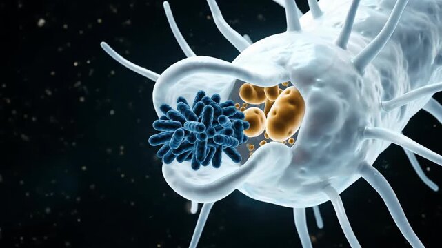 3D Visualization: White Blood Cell Engulfs Bacteria via Phagocytosis