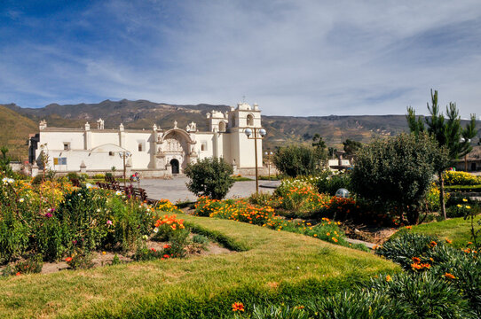 Historic colonial square and church in Yanque village, Colca Canyon, Arequipa, Peru