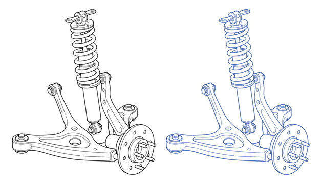 Suspension parts exploded views vehicle part automotive wheel hub strut shock absorber outline vector