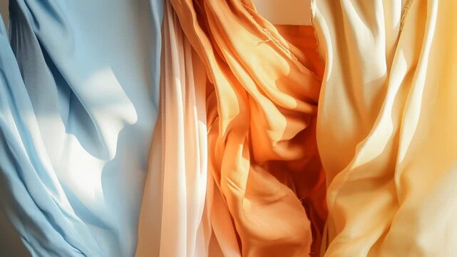 Flowing Fabric Symphony: Drapes of silk in harmonious colors, gently caressed by a soft, warm light, creating a sense of fluid movement and elegant texture.