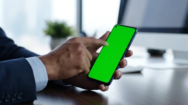 Person in suit uses smartphone with green screen, indoors. Close-up on hands & device