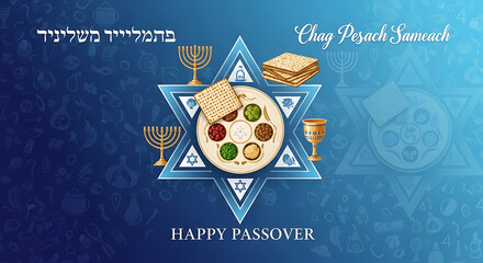 Happy Passover Celebration with Traditional Jewish Symbols and Seder Plate.
