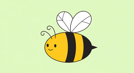 A cartoon bee with a smiling face and transparent wings on a light green background.