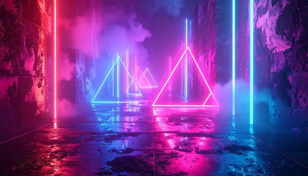 Neon triangles illuminate a wet, reflective floor within aged stone walls, creating a vibrant, futuristic atmosphere with vapor