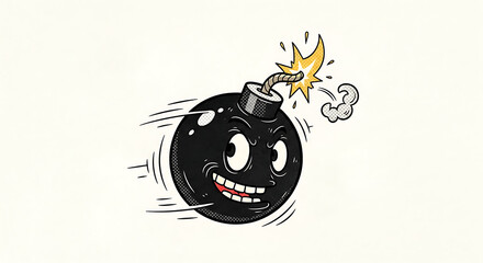 Cartoon bomb character with a menacing grin and lit fuse.