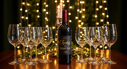 Wine bottle and glasses on a festive table setting with Christmas lights.