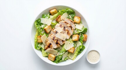 Delicious grilled chicken Caesar salad with croutons and parmesan