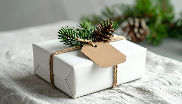 White gift wrapped with twine, pine sprigs, and a tag, resting on fabric