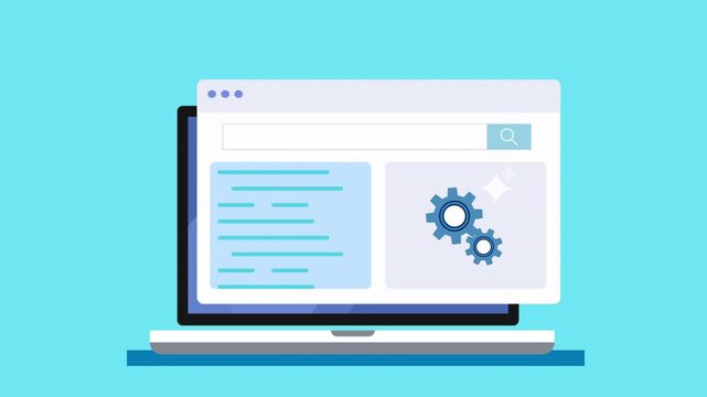 Flat illustration of a laptop displaying a software interface with code lines and a settings gear, representing web development, application configuration, and digital technology workflow.

