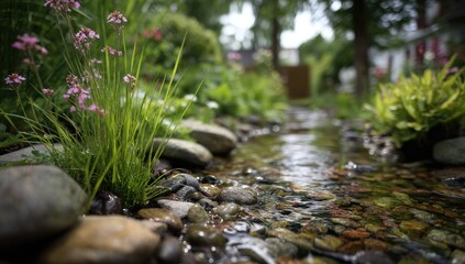 Fototapeta premium Tranquil stream flowing through lush green garden landscape